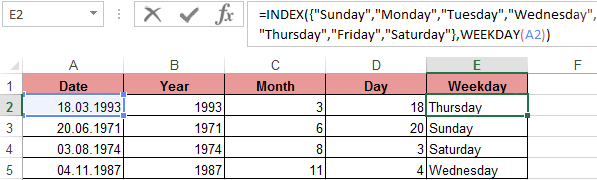 functions INDEX and WEEKDAY.