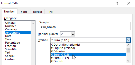 specify currency of EUR.