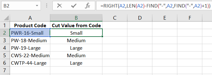 Example of the RIGHT FIND LEN formula