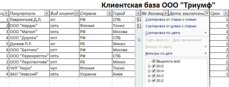 Настройка параметров автофильтра.