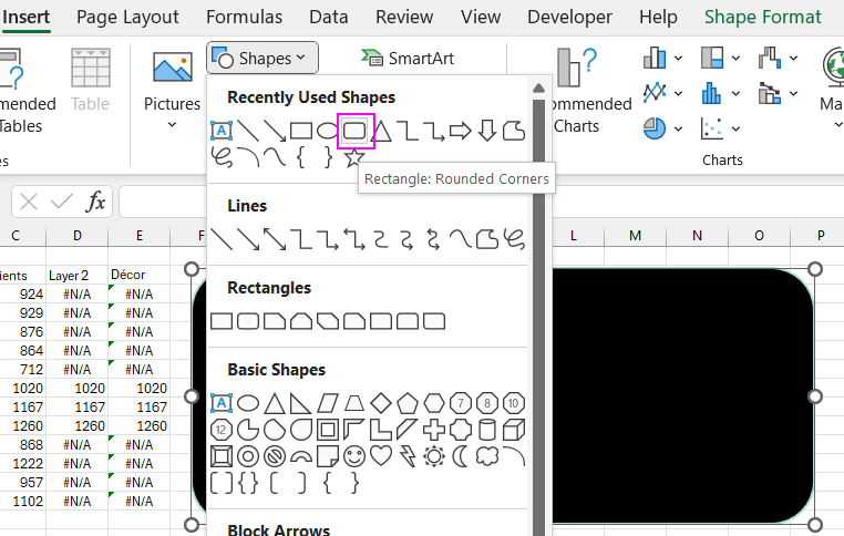 Добавление фигуры Rectangle Rounded Corners