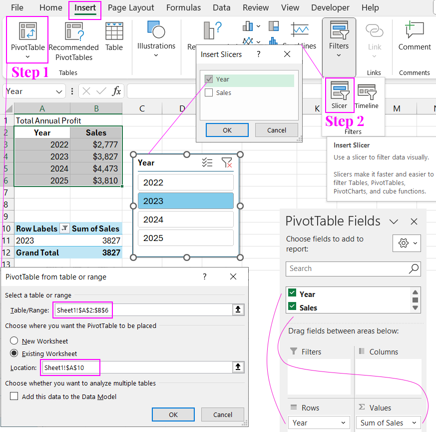 Pivot table settings