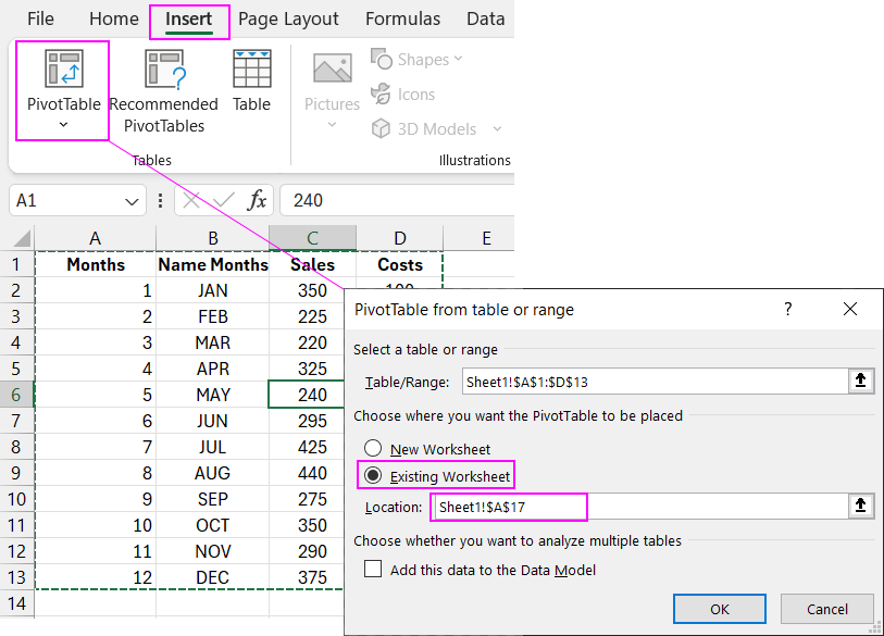 Inserting pivot table into current sheet