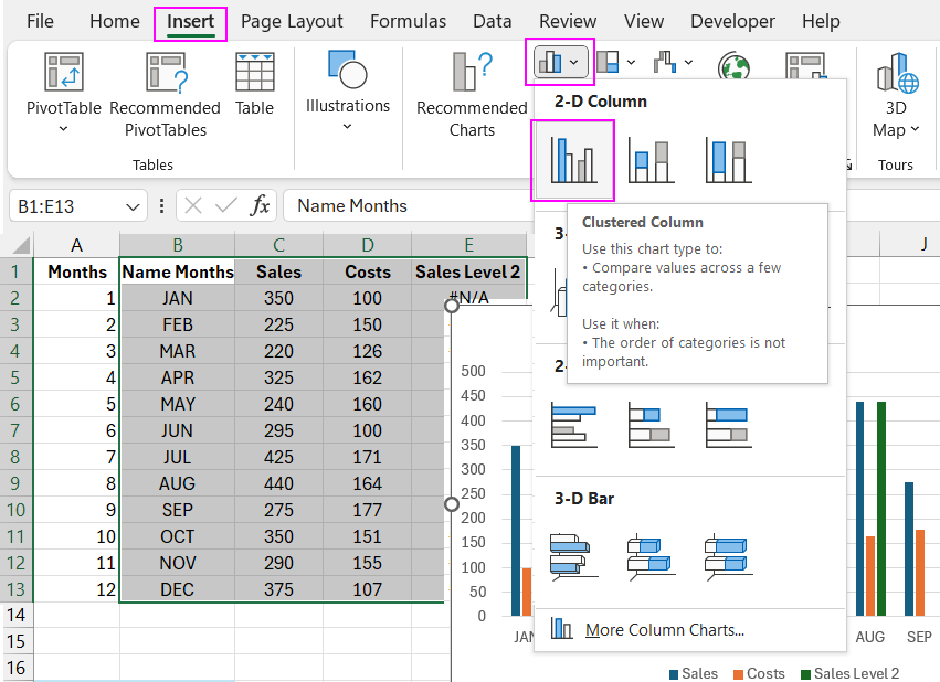 Creating a column chart