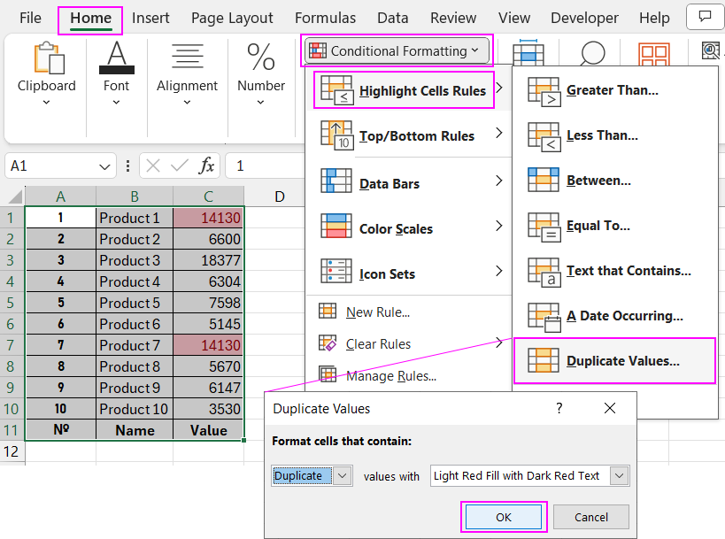 Conditional formatting to find duplicates