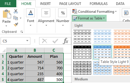 Format as Table.