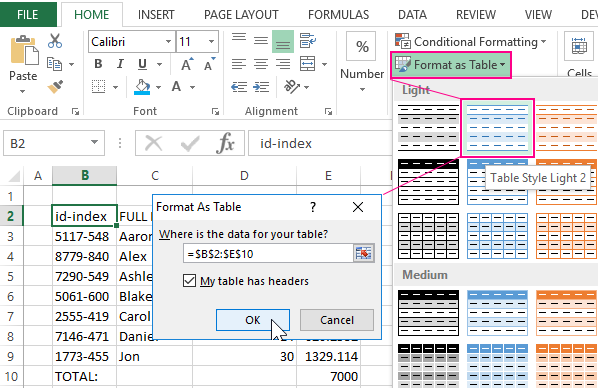 Format as Tables.