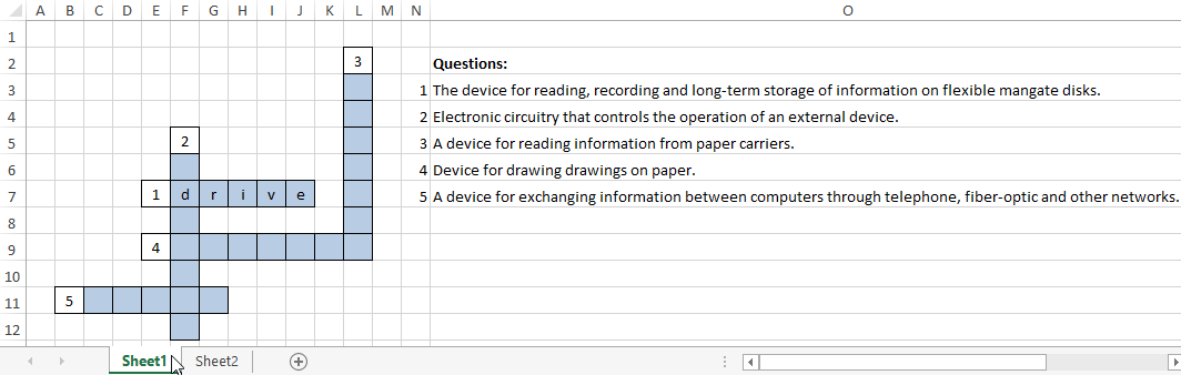 How to make a crossword in Excel using standard functions