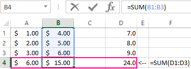 Under each column.