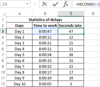 using the SECOND function.