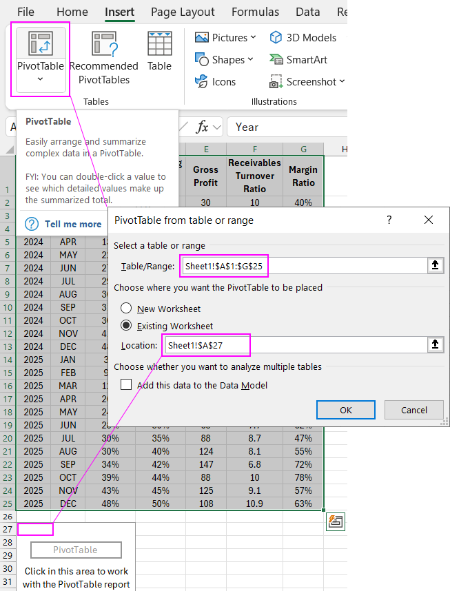 Creating a PivotTable from source data