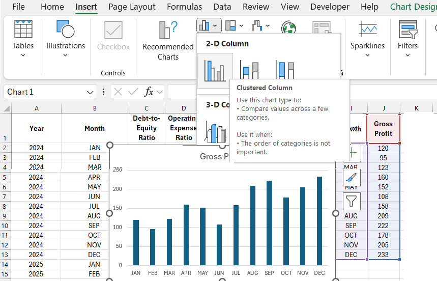 Inserting a bar chart in Excel