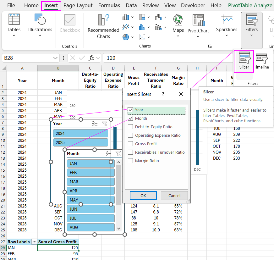 How to add data slicers to a PivotTable