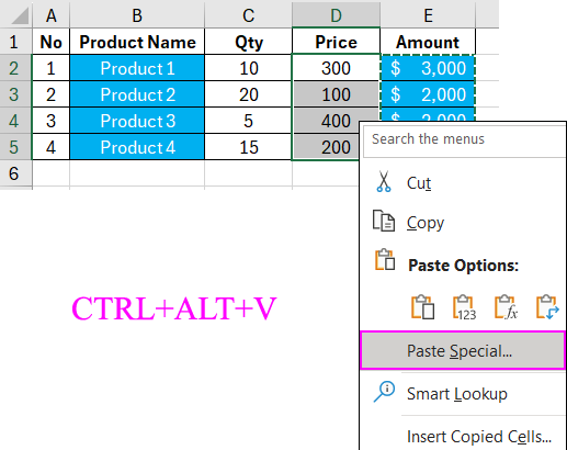 Paste Special option.