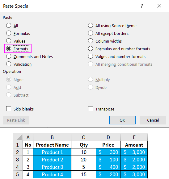 Formats option.