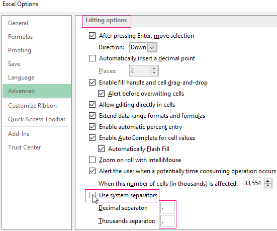 change the commas to dots in excel for mac