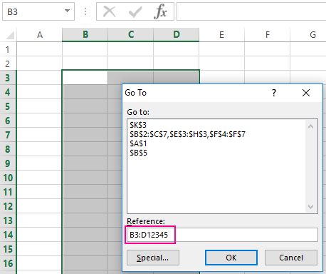 how to select large area in excel