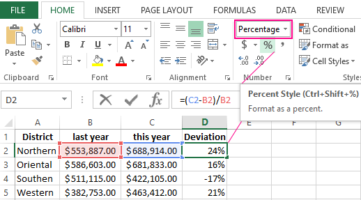 calculating the percentage of deviation.