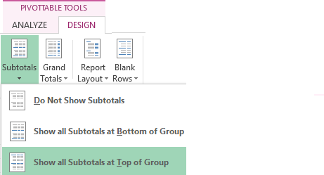 Show Subtotals at Top of Group.