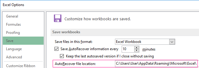 Excel Options - Save.