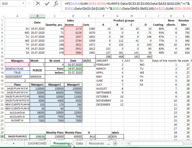 Selection formulas from the import table.