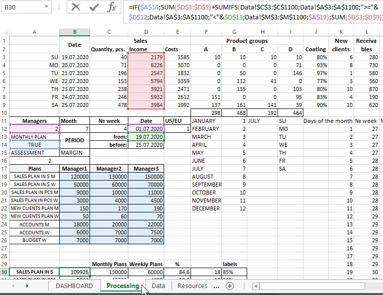 Selection formulas from the import table.