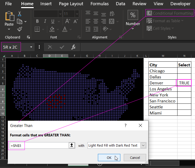 Highlighting dots with colored cells