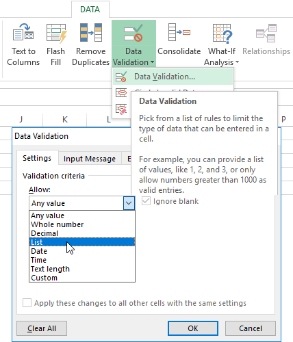 how to make a drop down list in excel in one cell