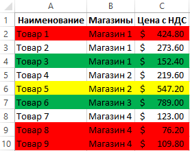 Данные для цветного сортирования.