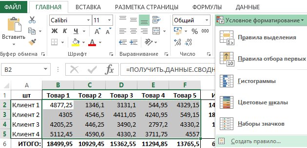 Условное форматирование в сводной таблице excel