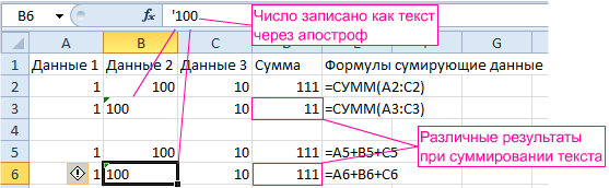 Отличие формул и функций при суммировании текста.