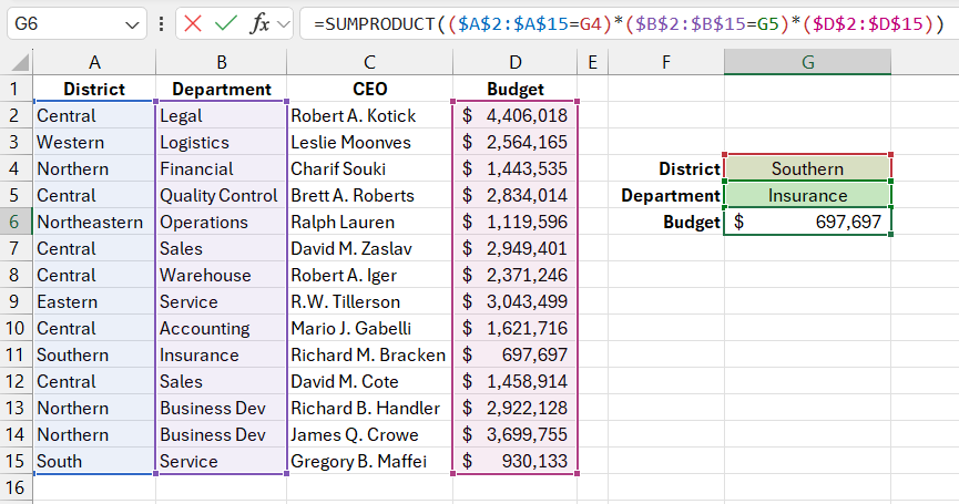 SUMPRODUCT with multiple criteria.