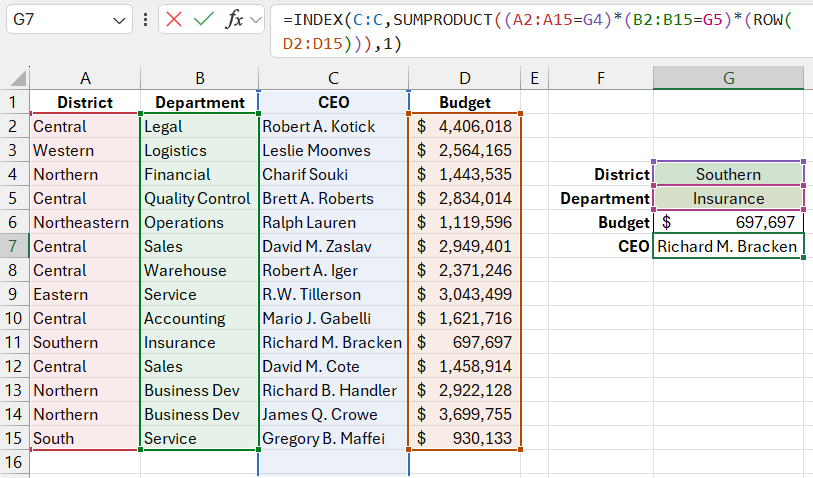 Finding text with the SUMPRODUCT function.