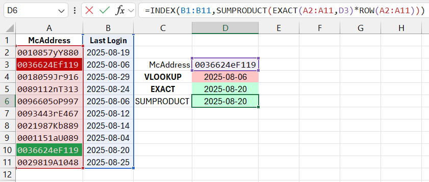 INDEX SUMPRODUCT EXACT ROW