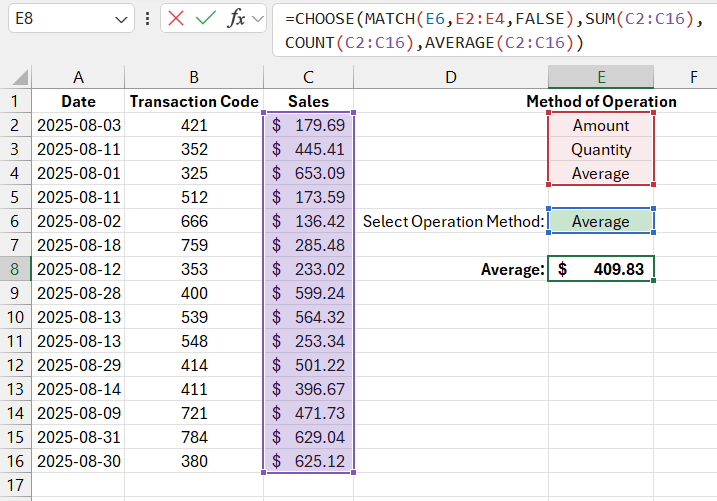 Example of choosing formula execution.