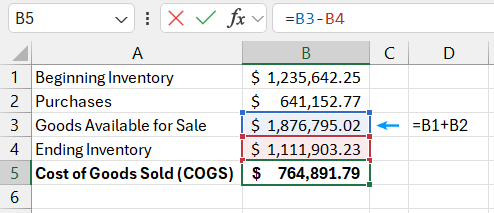 COGS Formula in Excel.