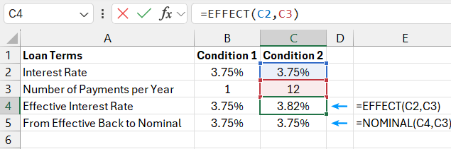 EFFECT and NOMINAL functions.