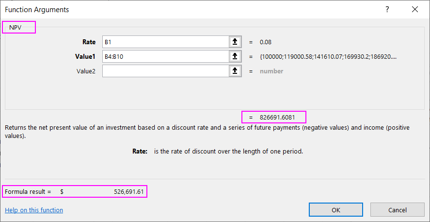 NPV Function in Excel.