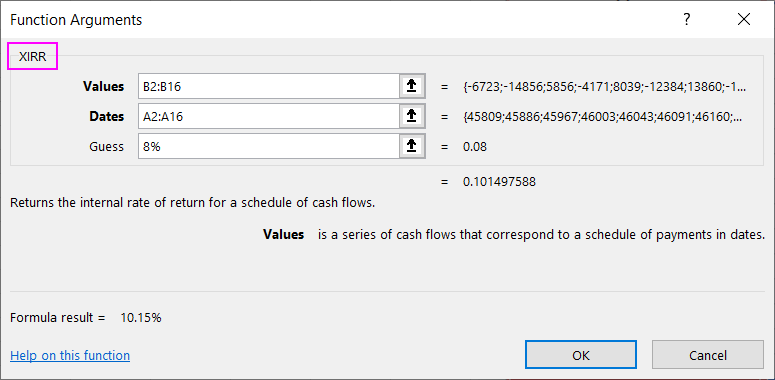 XIRR function arguments.