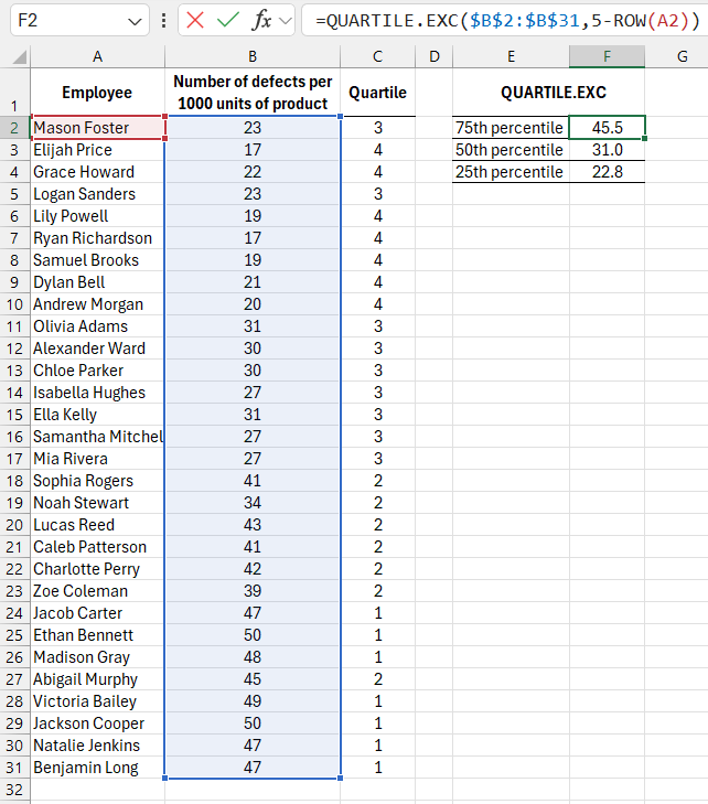 Alternative QUARTILE.EXC function