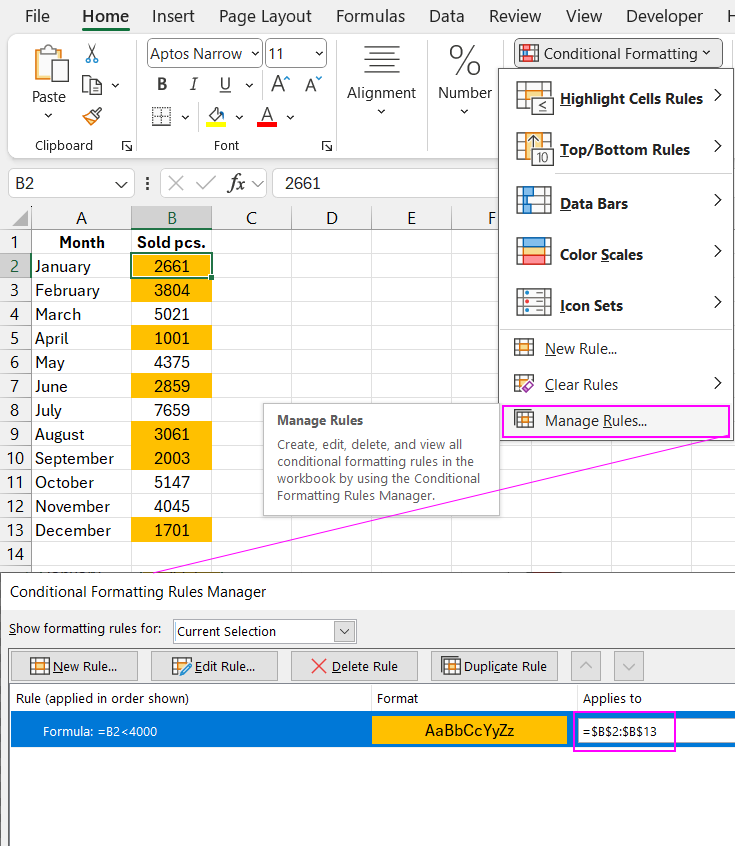 Editing conditional formatting rules.