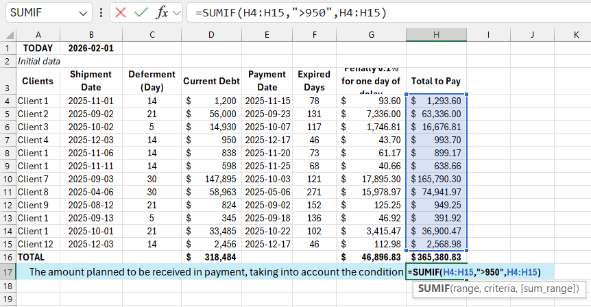 Debtor 1 selection in SUMIF.