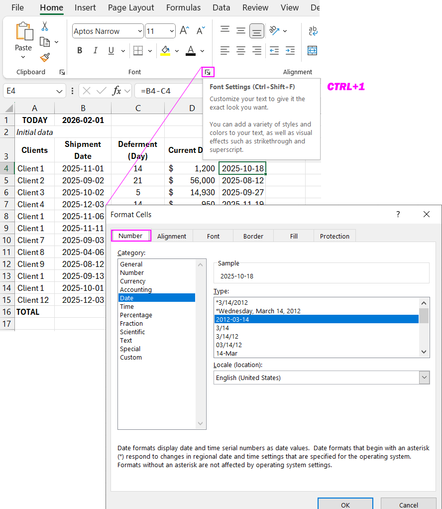 Date cell format.