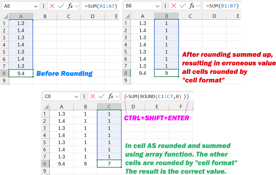 Array formulas for SUM and ROUND.