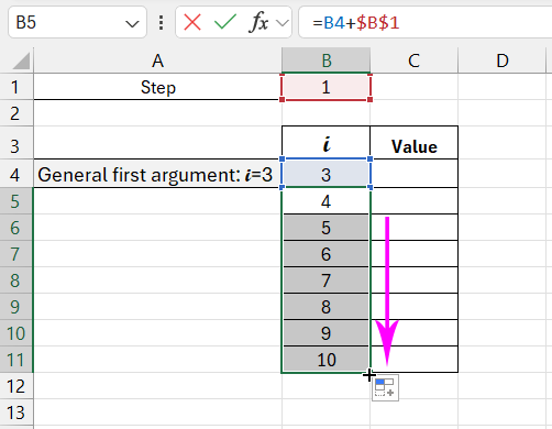 Values considering the step.