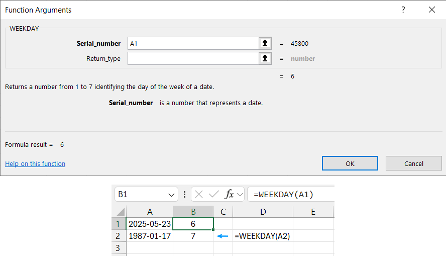 WEEKDAY Function Example