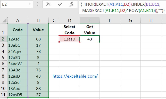 Case-sensitive search formula in action