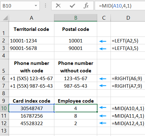 Functions LEFT, RIGHT, and MID.