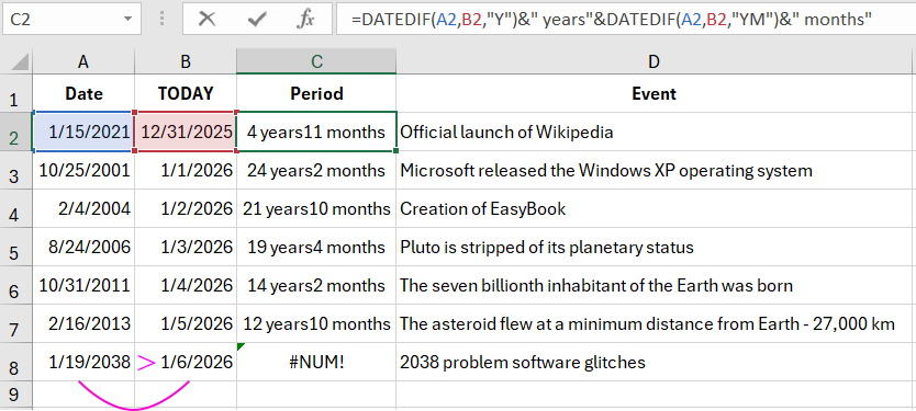 DATEDIF years between two dates.