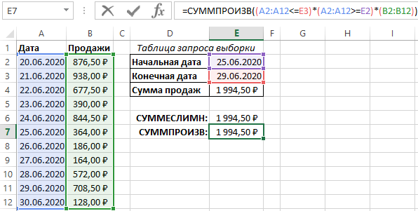 Пример функции СУММПРОИЗВ.